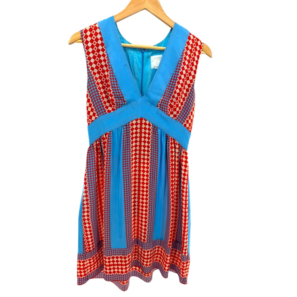 Anna Sui Silk Harlequin Geometric Print Empire Waist Mini Dress Blue‎ Red Size 6